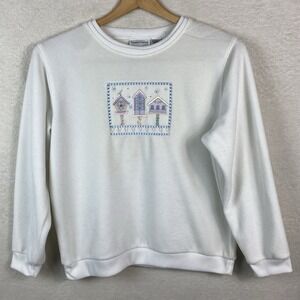 VTG 90s Cottagecore Grandma Fleece Sweatshirt Birdhouse Embroidered Womens Large